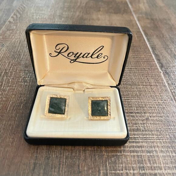 Royale Vintage Y2K Cufflink Golden Tone Green Faux Stone - Picture 1 of 6